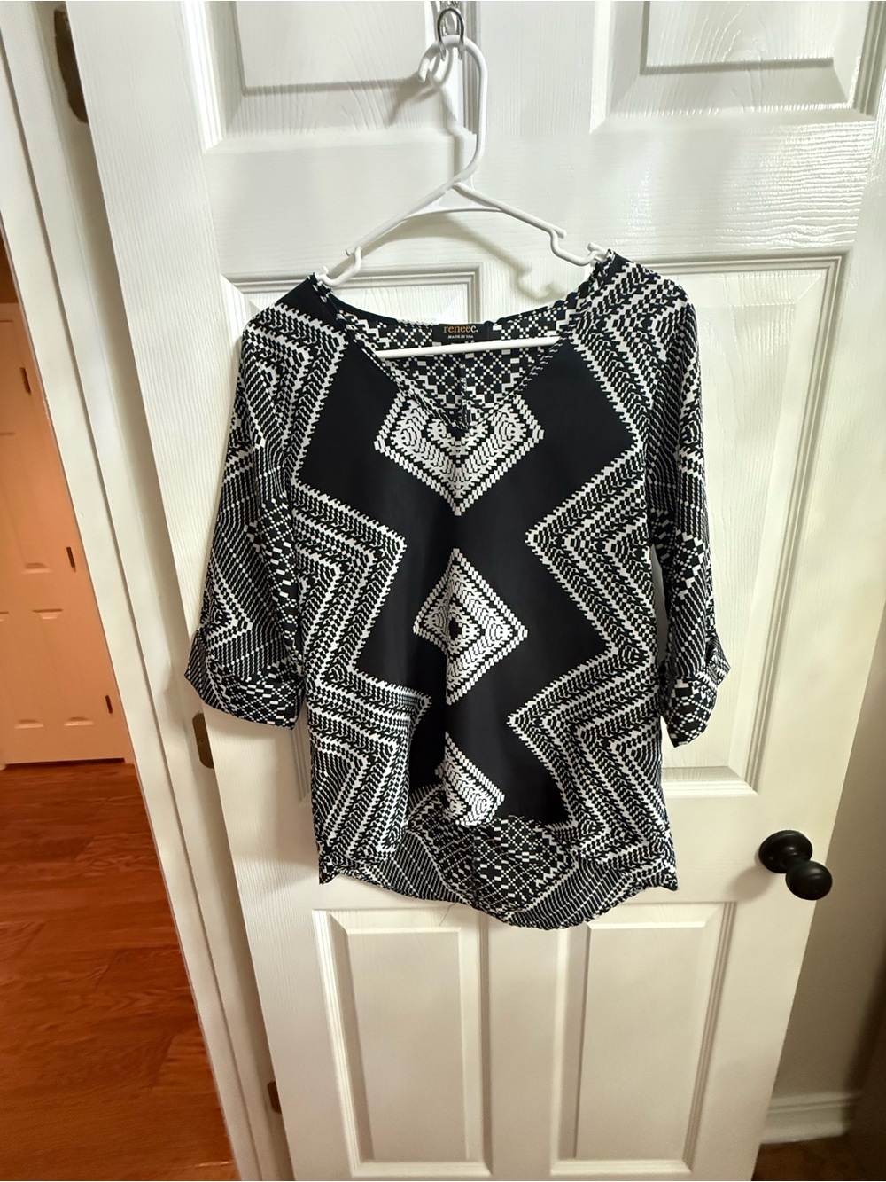 Renee C. Black & White Geo Print Blouse - Relaxed 3/4 Sleeve